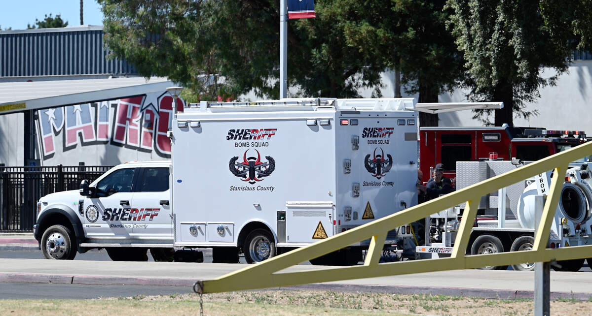 Stanislaus County Sheriff’s Department bomb squad investigate a bomb threat at Beyer High School in Modesto, Calif., Thursday, Aug. 15, 2024.