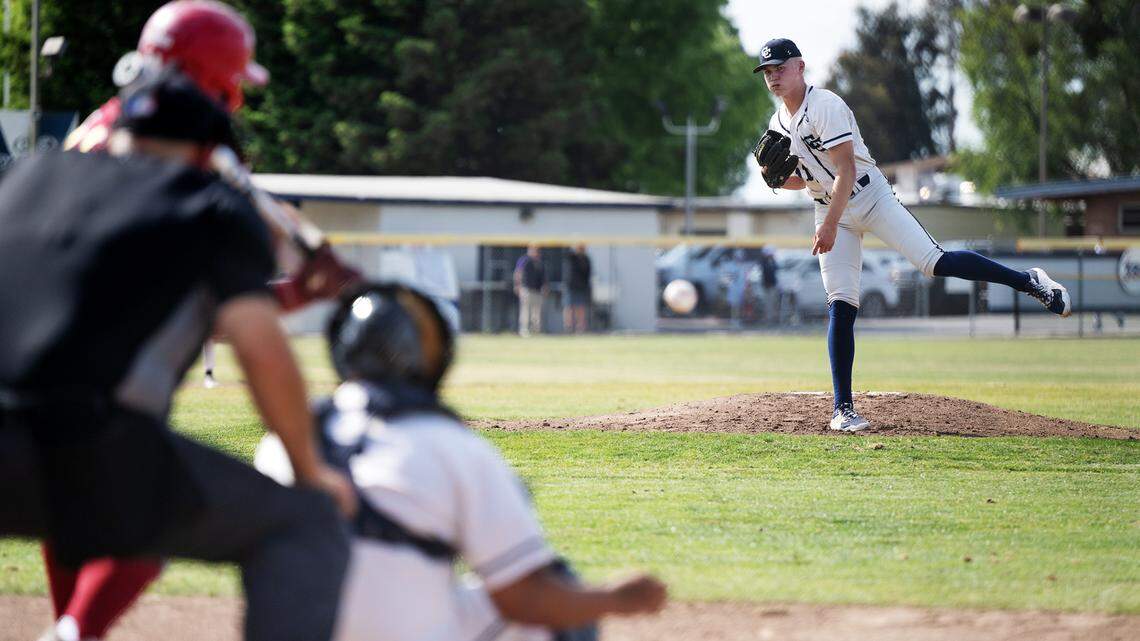 Central Catholic’s TP Wentworth pitched a complete game shutout, giving up one hit with 10 strikeouts in the Raiders’ first round playoff win over Los Banos at Central Catholic High School in Modesto, Calif., Tuesday, May 9, 2023.