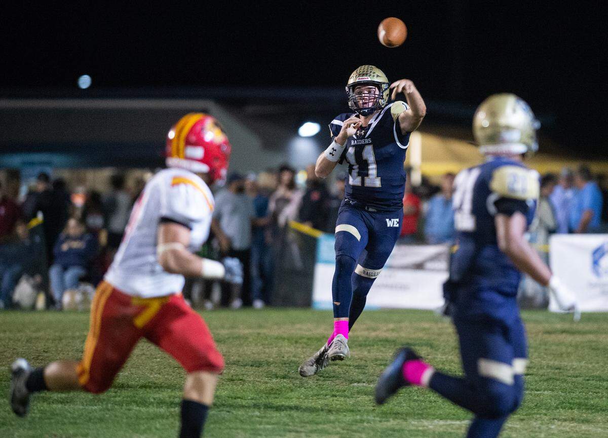 Central Catholic’s Tyler Wentworth passed for 171 yards and two touchdowns during the 35-7 victory over Oakdale in the Valley Oak League game at Central Catholic High School in Modesto, Calif., Friday, Oct. 14, 2022.