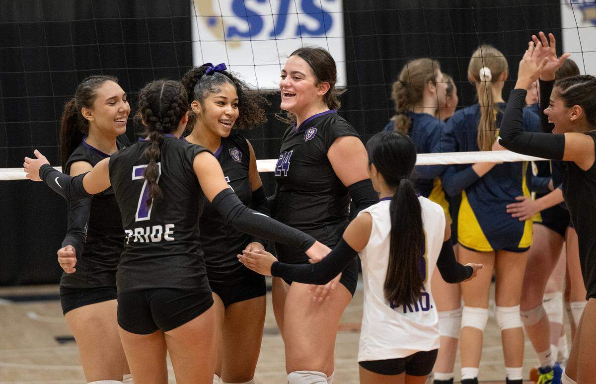 Bradshaw Christian players celebrate game one victory in the Sac-Joaquin Section Division 5 championship match with Big Valley Christian at Cosumnes River College in Sacramento, Saturday, Nov. 9, 2024. Bradshaw Christian won the title 3-2.