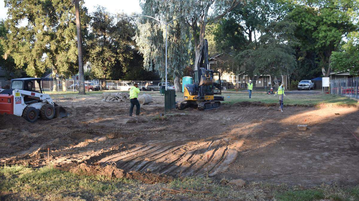Work has begun on the first phase of the plaza and playground project at Enslen Park, in front of the Boy Scout Clubhouse on the Enslen Avenue side of the park. It will include a concrete plaza with a couple of picnic tables, as well as initial pieces of a playground designed for kids ages 5 to 12.