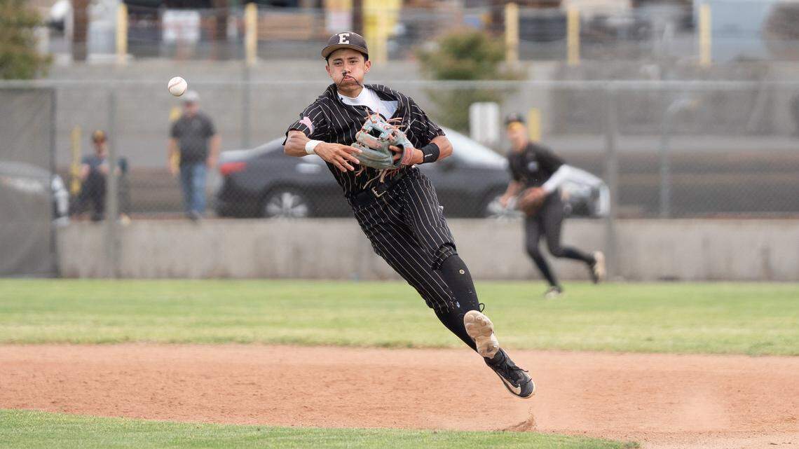 Enochs shortstop Pierce Vongphakdy makes a throw to first during the Mark Dickens Tournament championship against Oakdale at Oakdale High School on Thursday, April 9, 2026.