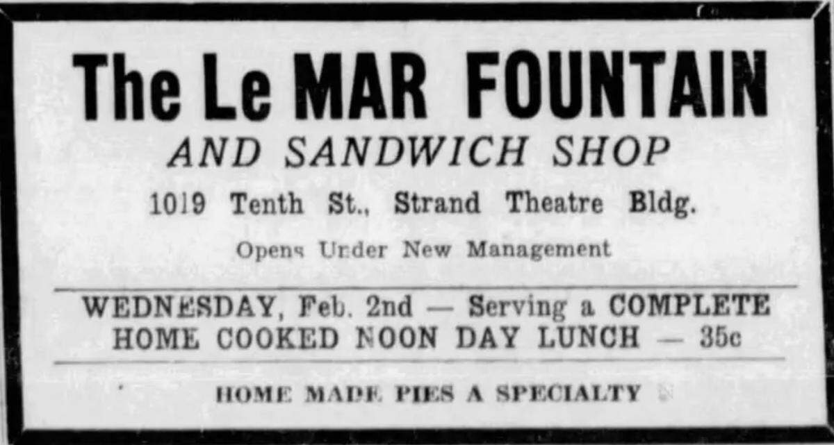 The Le Mar (soda) Fountain was in the Strand Theatre building, just to the left of the main entrance, in downtown Modesto from 1938 until it closed in 1952. 