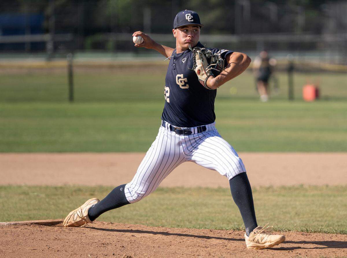 Central Catholic pitcher Kayden McHenry throws during the Sac-Joaquin Section Division 3 playoff baseball game with Bear Creek at Central Catholic High School in Modesto, Wednesday, May 7, 2025. Central won the game 10-6.