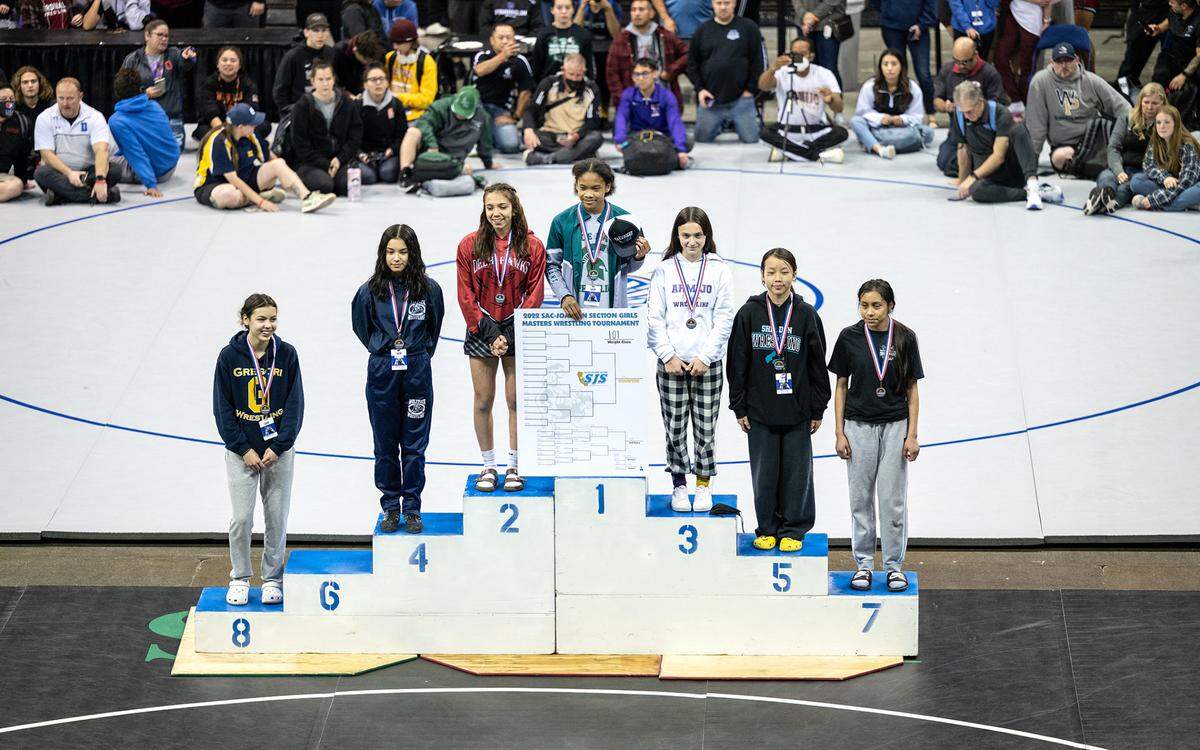 Jazmine Turner of Grace Davis won the 101-pound championship in the CIF Sac-Joaquin Section Masters Wrestling Tournament at the Stockton Arena in Stockton, Calif., on Saturday, Feb. 19, 2022. Second place went to Natalie Fuentes of Delhi, third to Karissa Mcdaniel of Armijo, Isabel Garcia-lule of Merrill West placed fourth, Kaydance Vang of Sheldon took fifth, sixth place went to Mackenzie Gilbert of Modesto (not pictured), seventh place was claimed by Isabella Alcala of Escalon and eighth place went to Ashley Dumas of Gregori.