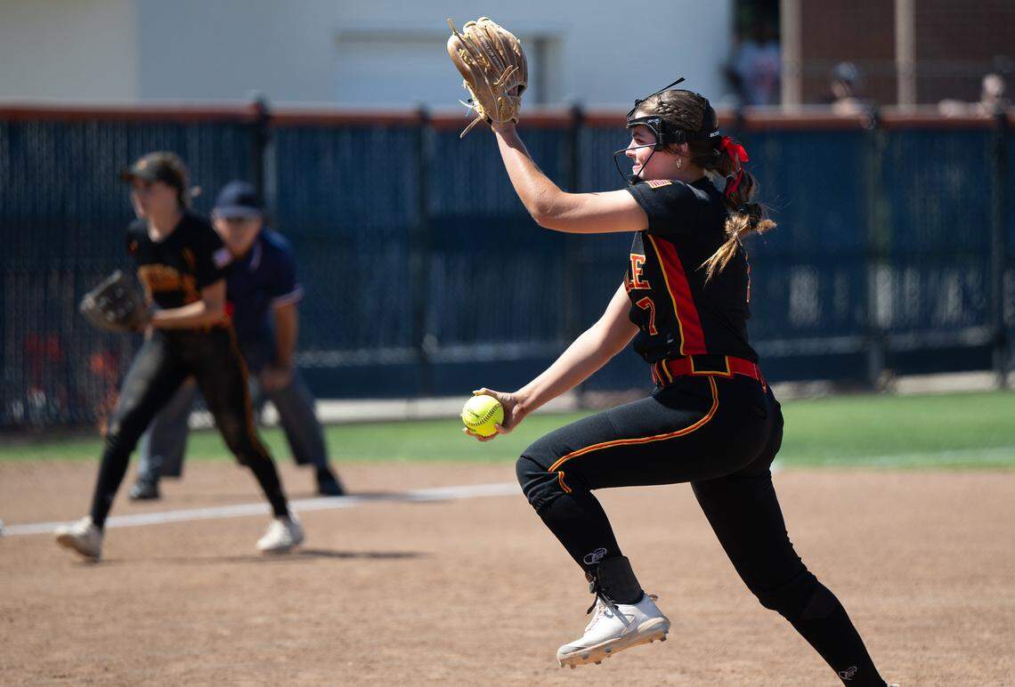 Oakdale pitcher Raegen Everett, delivers a pitch during the Sac-Joaquin Section D III softball championship game with Capital Christian at Cosumnes River College in Sacramento, Calif., Saturday, May 25, 2024.