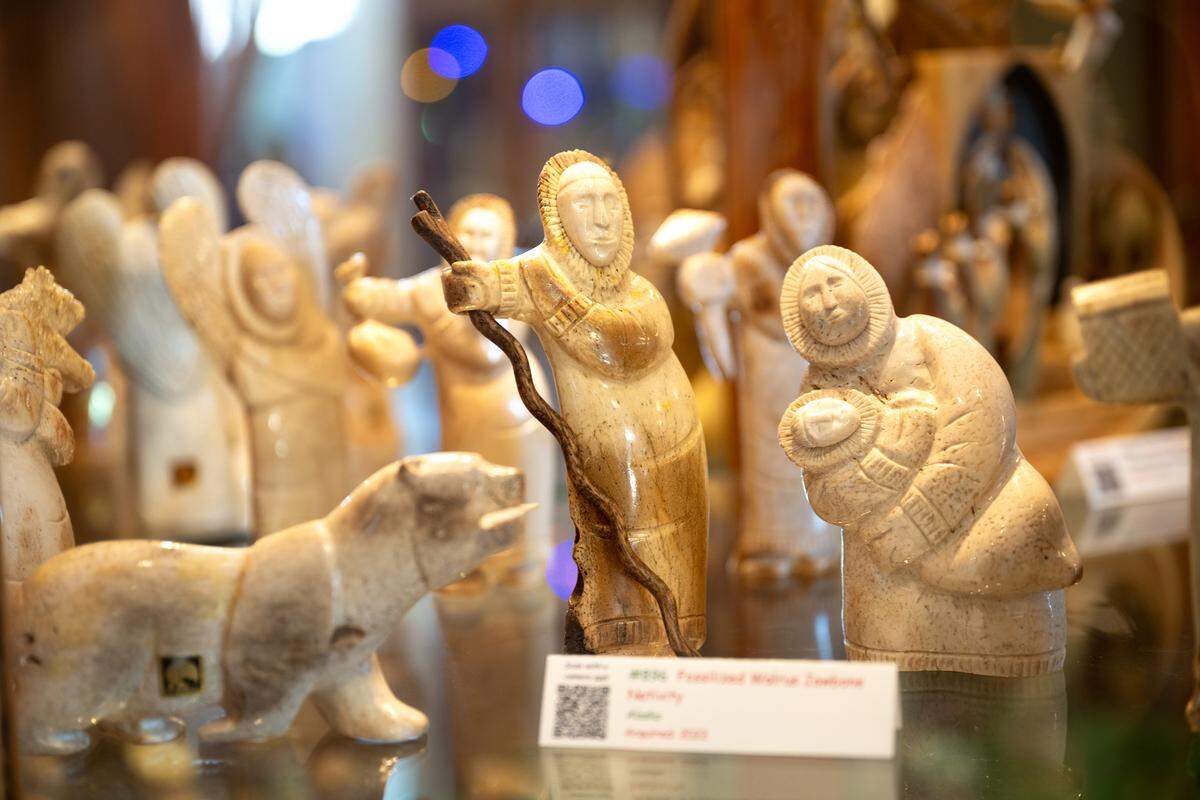 A nativity made from fossilized walrus jawbone.