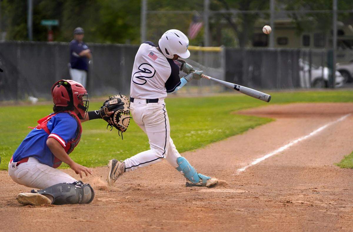 Downey’s Elijah Ortega makes contact during the championship game of the Windemuth Tournament against Beyer at Modesto High School on Thursday, April 24, 2025.