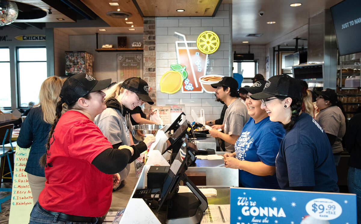 Employees participate in training at Raising Cane’s Chicken Fingers restaurant in Modesto, Calif., Friday, Dec. 16, 2022.