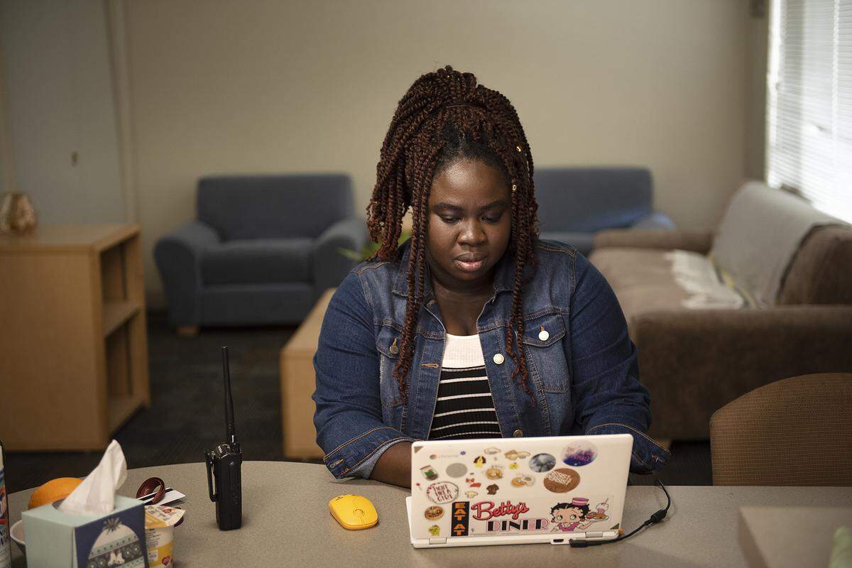 Stan State senior psychology major Wonuola Olaguhju is still living on campus despite the fact that all school courses are now done remotely. Photographed at the student housing building at California State University, Stanislaus in Turlock, Calif., on Saturday May 2, 2020.
