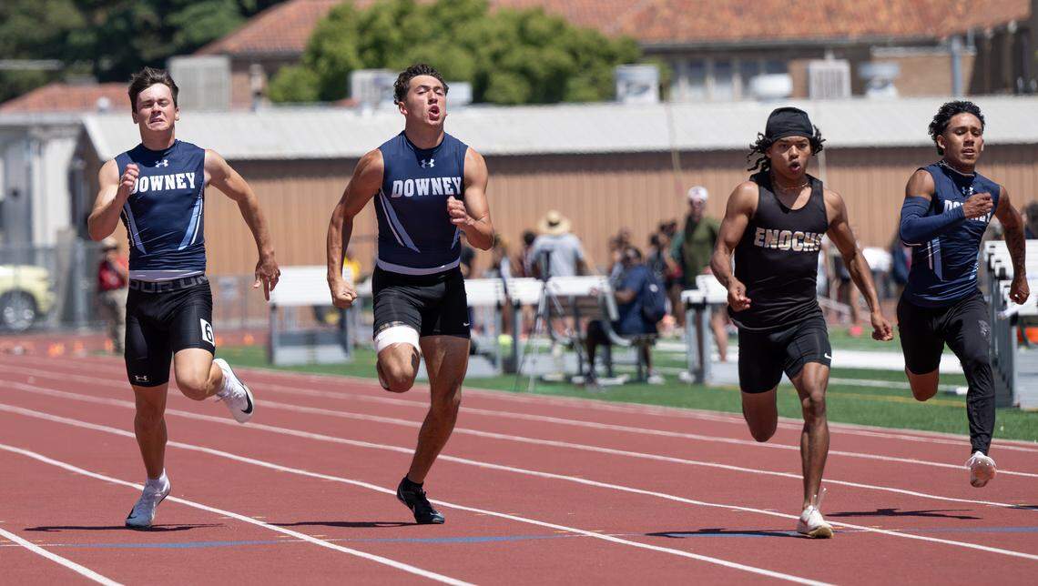 From the left, Downey’s Carson Lamb (10.96), Joseph Ramirez (10.97), Enochs’ Eric Myles (10.81) and Jeremiah Raven (11.58) run the 100 meter race during the Central California Athletic League track and field championships at Turlock High School in Turlock, Friday, May 2, 2025. Myles finished first with a time of 10.81.