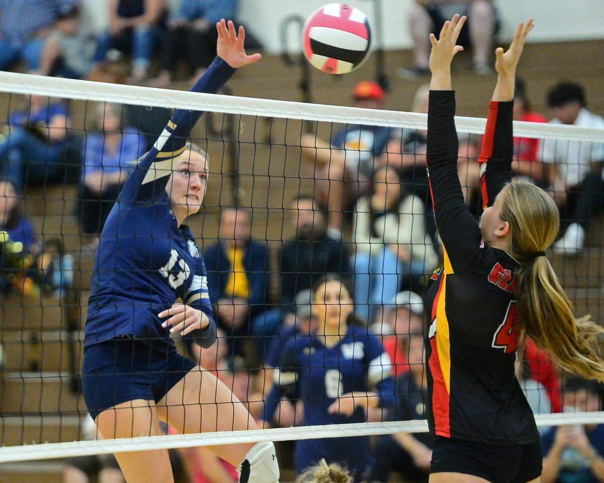 Central Catholic’s Marie Wildenberg hits the ball past an Oakdale defender during a game between Oakdale and Central Catholic at Oakdale High School in Oakdale, Calif. on Thursday, Oct. 17, 2024.&nbsp;