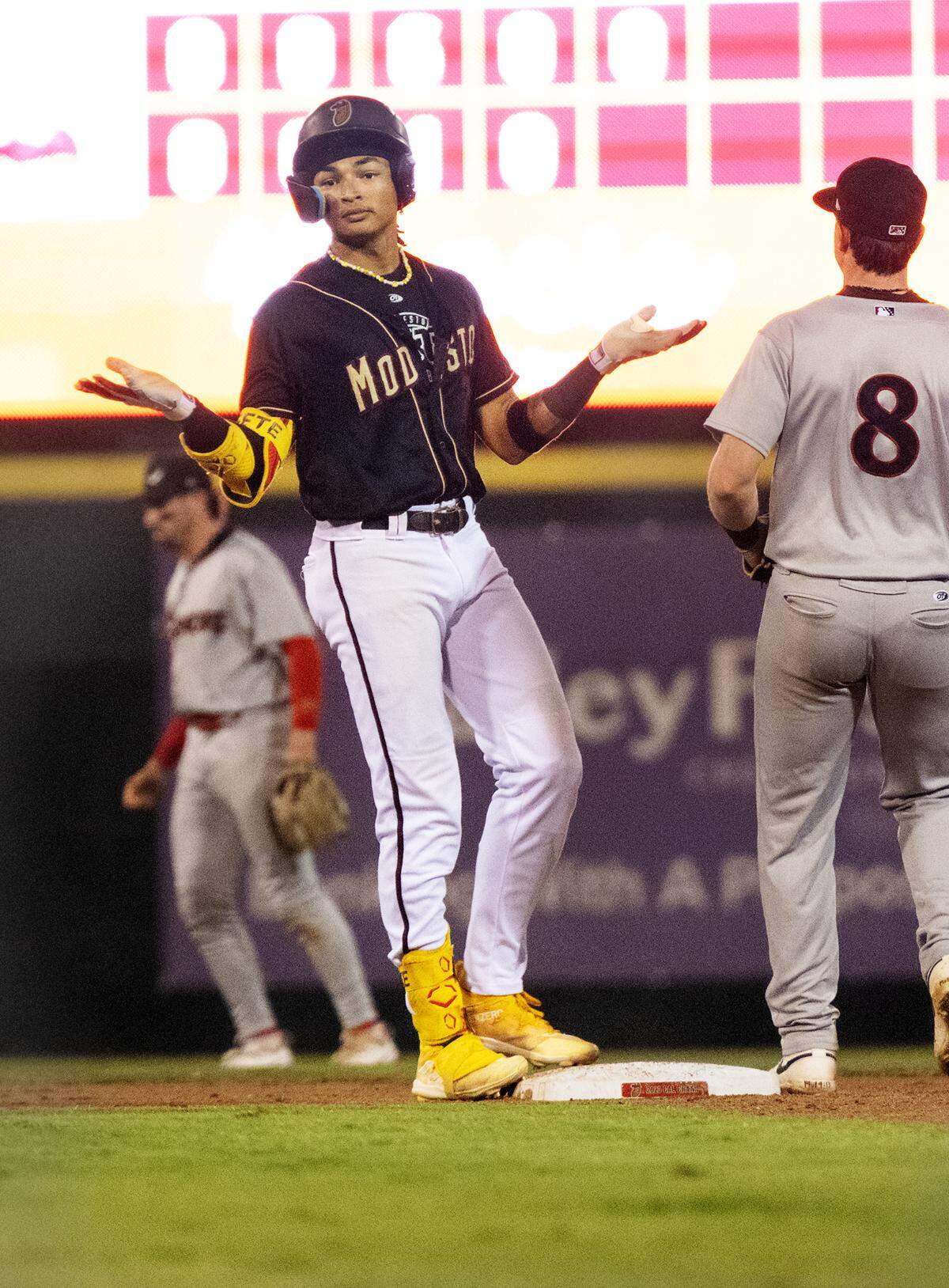 Modesto Nuts’ Tai Peete lands on second after a double during the California League Championship game with Lake Elsinore at John Thurman Field in Modesto, Calif., Tuesday, Sept. 17, 2024.