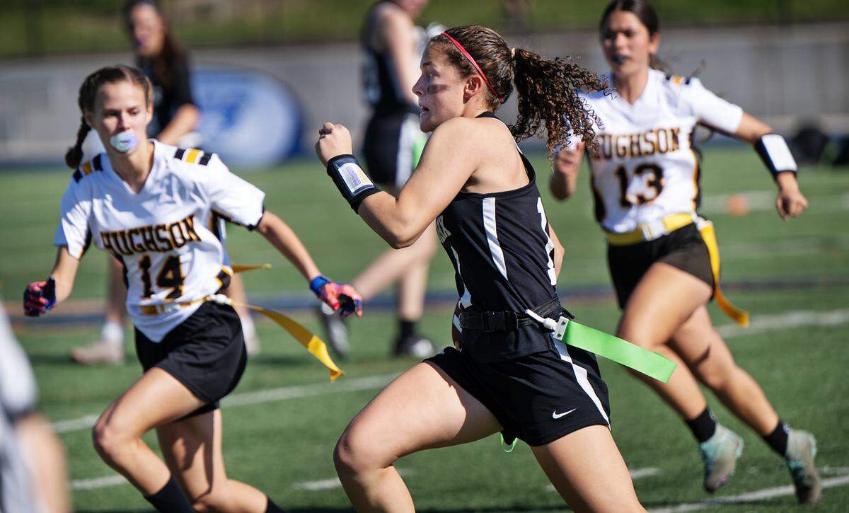Colfax’s Kaia Diederichs runs for a gain during the Sac-Joaquin Section Division 4 championship game with Hughson at Cosumnes River College in Sacramento, Saturday, Nov. 9, 2024.
