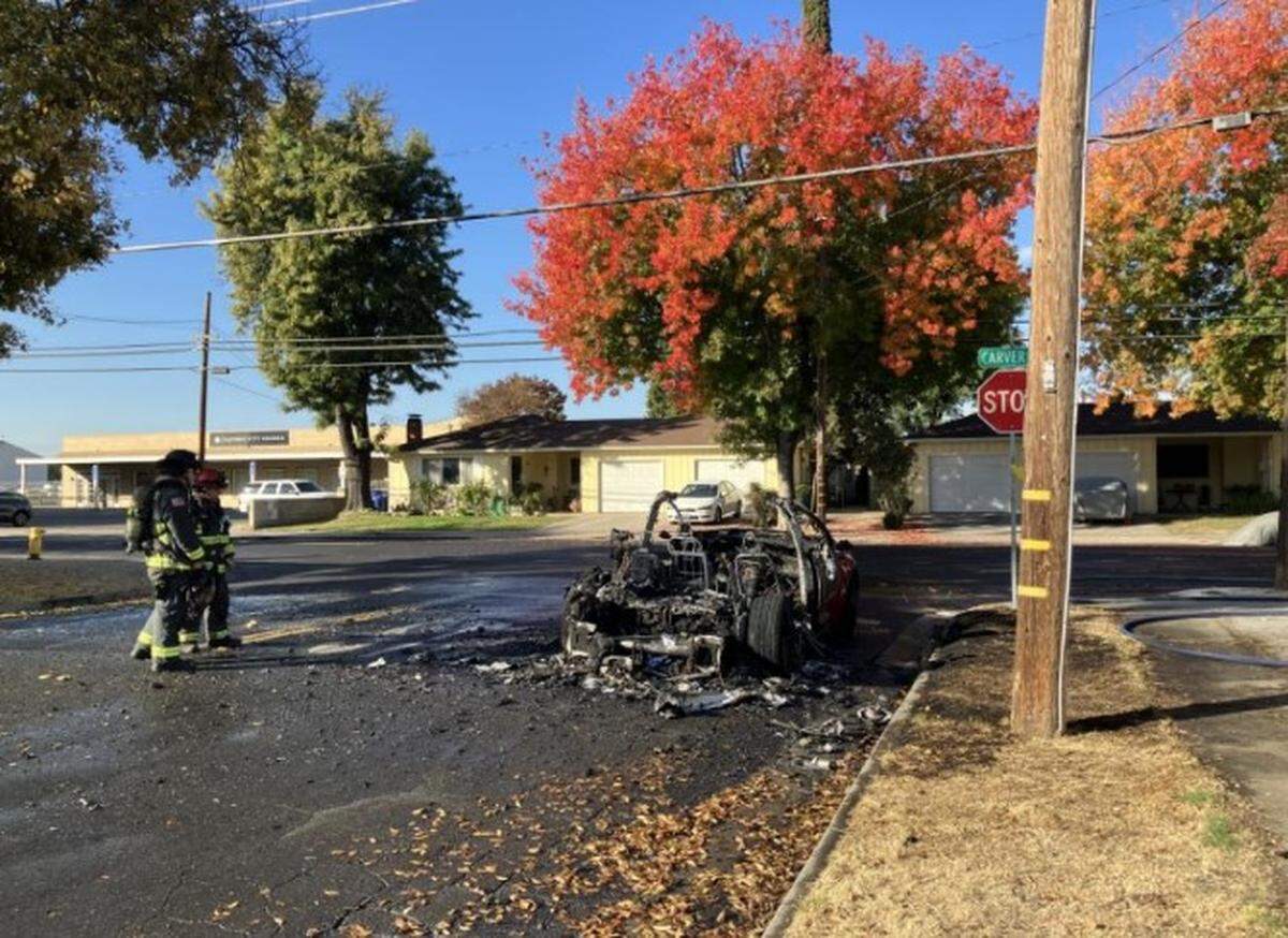 A fully engulfed Tesla was extinguished and transported from the intersection of Carver Road and Roseburg Avenue in Modesto on Monday.