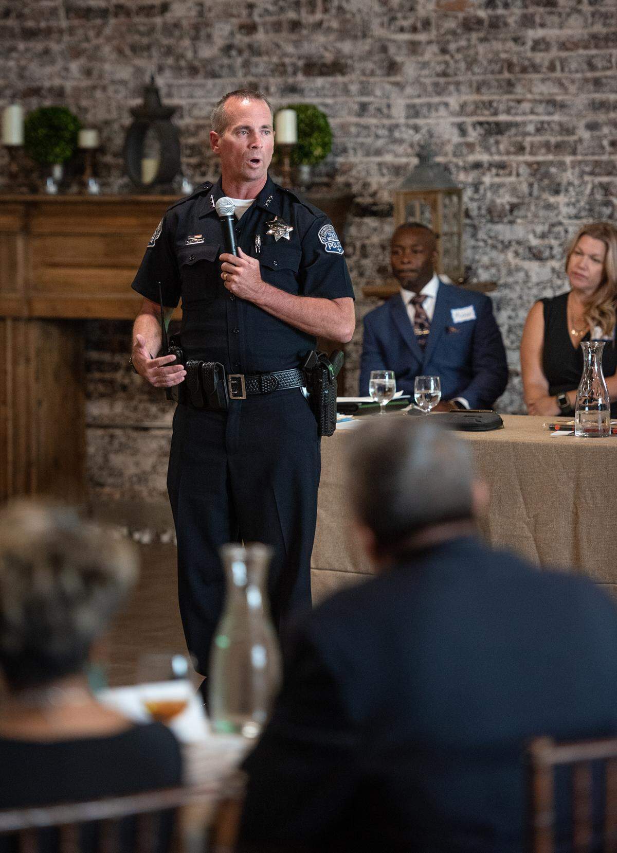 Interim Modesto Police Chief Brandon Gillespie addresses the Forward Together committee at its first meeting at Greens on Tenth in Modesto, Calif., on Tuesday, July 20, 2021.