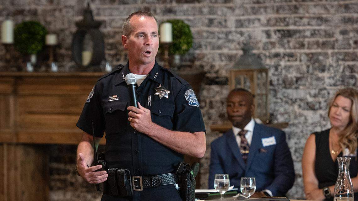 Interim Modesto Police Chief Brandon Gillespie addresses the Forward Together committee during its first meeting at Greens on Tenth in Modesto, Calif., on Tuesday, July 20, 2021.