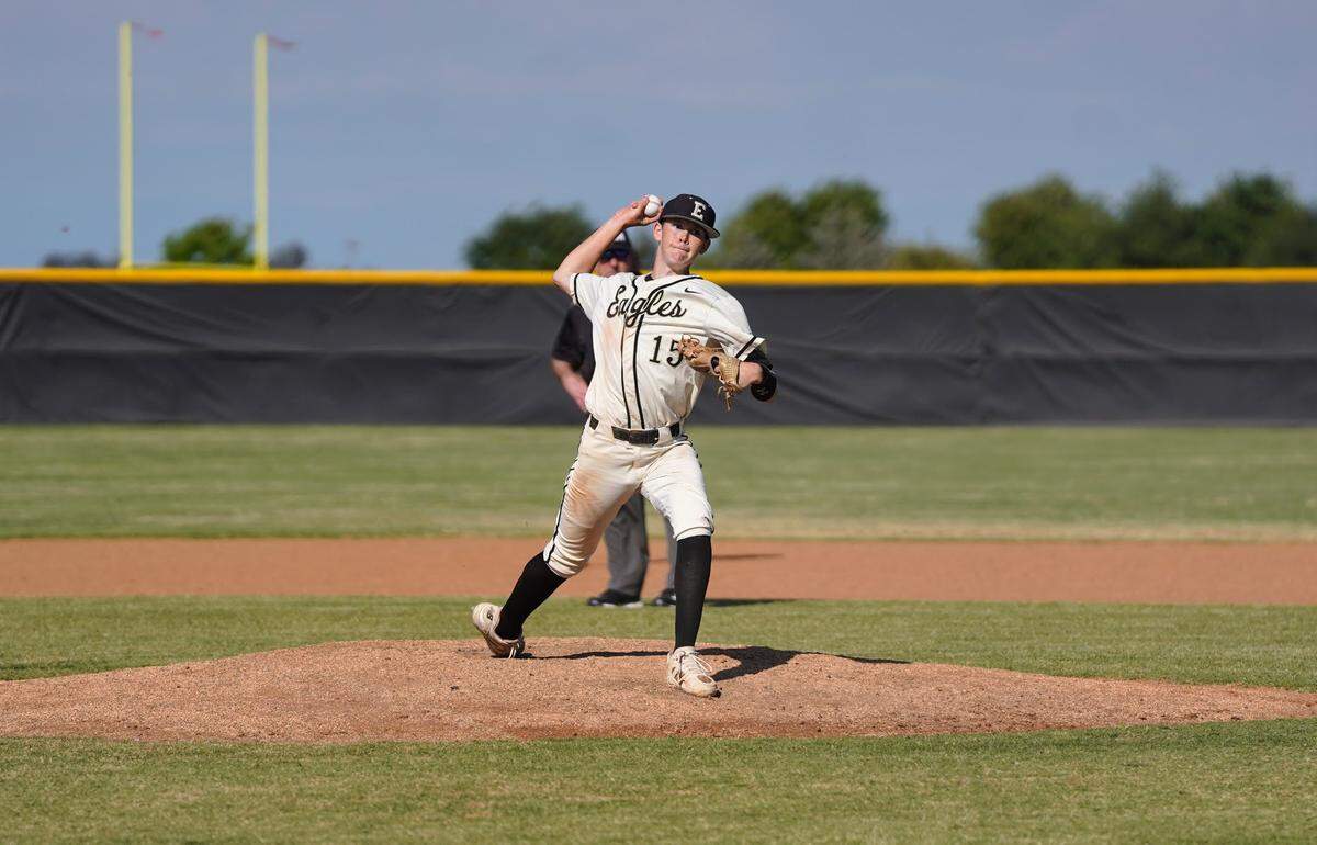 Enochs pitcher Parker Johnson delivers a pitch during a Central California Athletic League game against Gregori at Enochs High School on Monday, April 28, 2025.