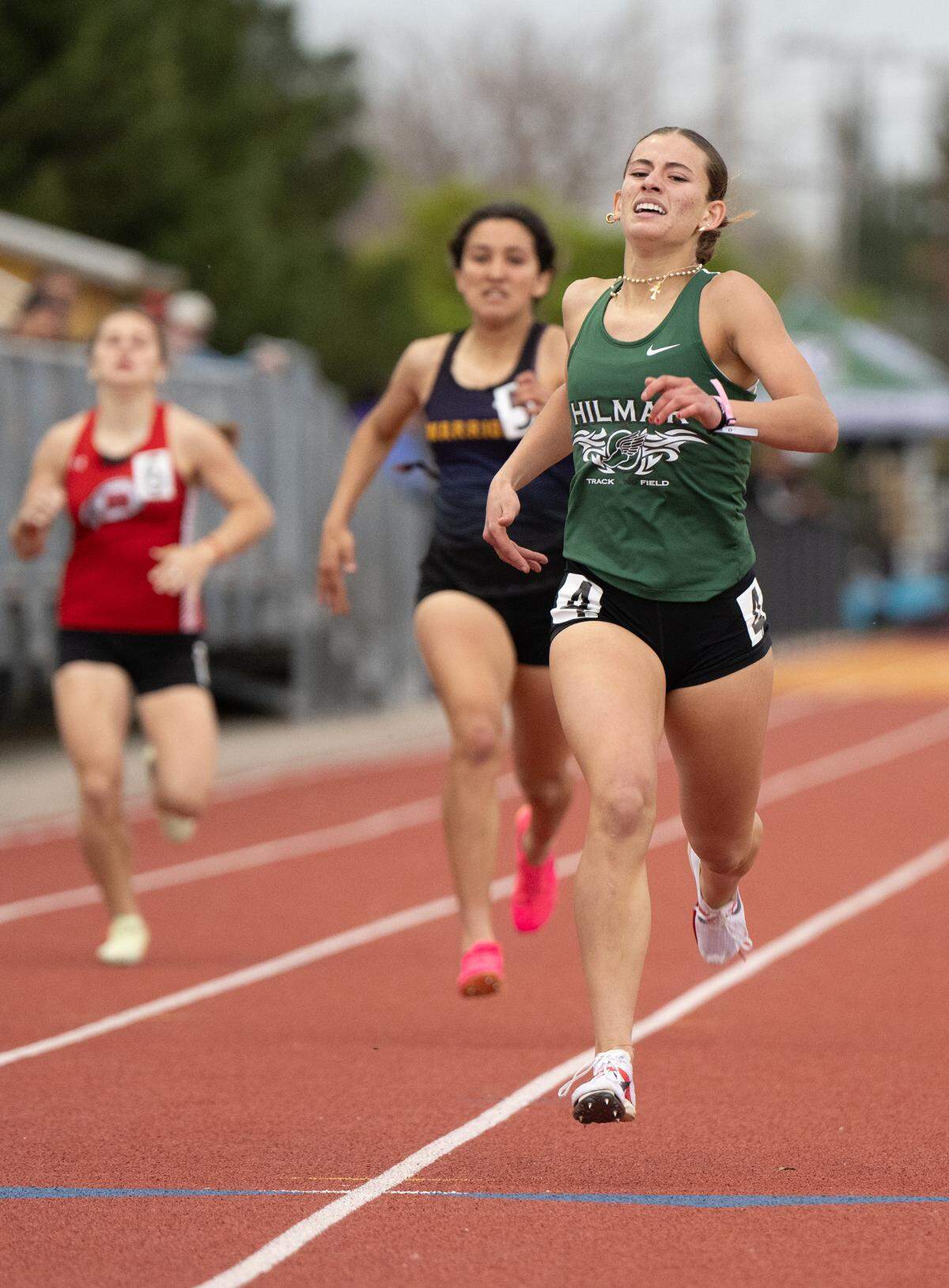 Lilly Brewer of Hilmar was second in the 400 meter race with a 60.02 in the County Clash track meet at Oakdale High School in Oakdale, Calif., Friday, March 22, 2024.