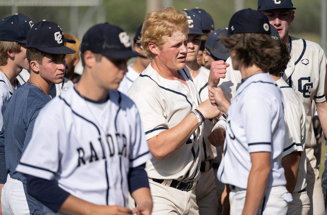 Central Catholic’s Braxton Thomas, middle, is greeted by teammates after hitting a home run during the first round of the Sac-Joaquin Section playoff game with Los Banos at Central Catholic High School in Modesto, Calif., Tuesday, May 9, 2023.