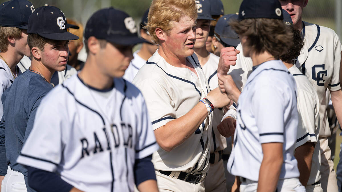 Central Catholic’s Braxton Thomas, middle, is greeted by teammates after hitting a home run during the first round of the Sac-Joaquin Section playoff game with Los Banos at Central Catholic High School in Modesto, Calif., Tuesday, May 9, 2023.