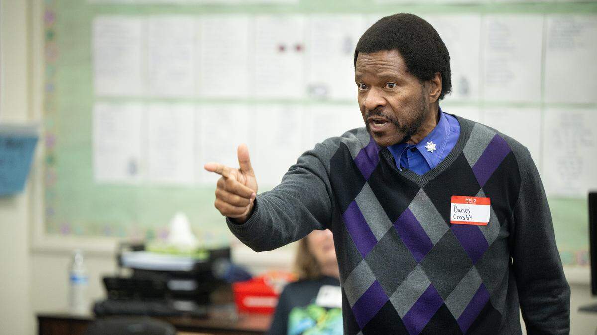 Darius Crosby speaks to students during the Day of Respect at Modesto High School in Modesto on Wednesday, March, 5, 2025. Crosby, founder of the Modesto Police Clergy Council, told a story of being assaulted by police officers as a 12-year-old.