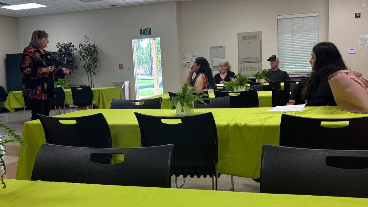 A woman stands in front of a group of constituents who sitting down at tables lined with green tablecloths. They are asking questions about what their representative will do about current federal issues.