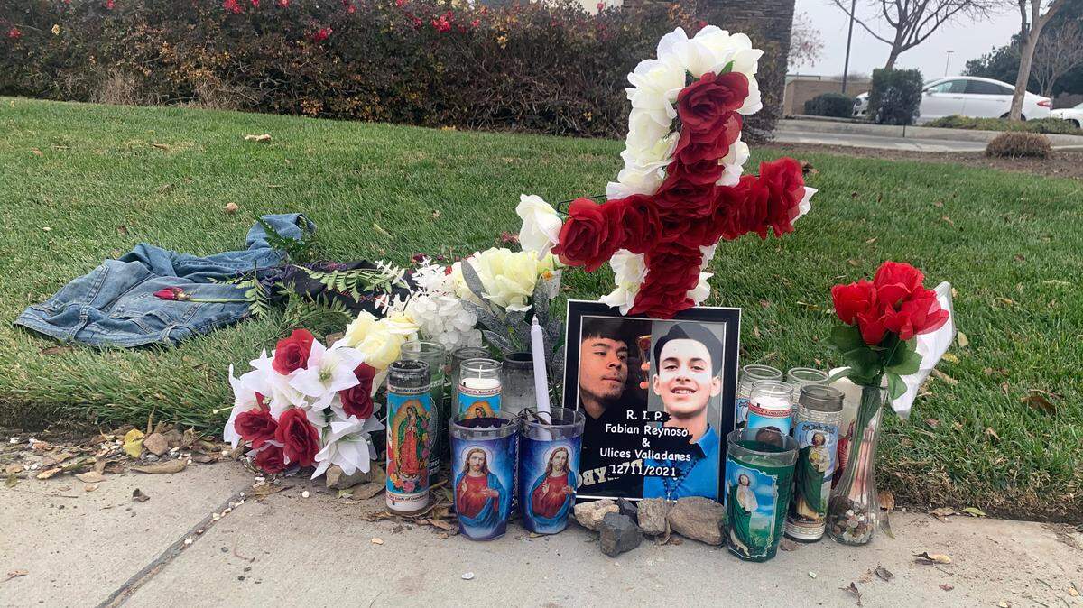 A memorial at the site of a fatal DUI crash that took the lives of two Turlock men Dec. 21, 2021 in Ceres, Calif.
