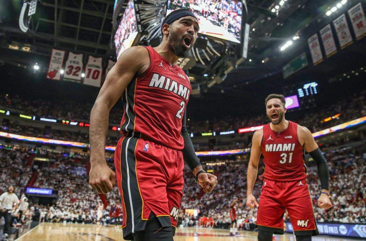 Miami Heat guard Gabe Vincent (2) and guard Max Strus (31) reacts in the second quarter during game against the Atlanta Hawks in Round 1 Game 5 of the NBA Playoffs at the FTX Arena in Miami, Florida on Tuesday, April 26, 2022.