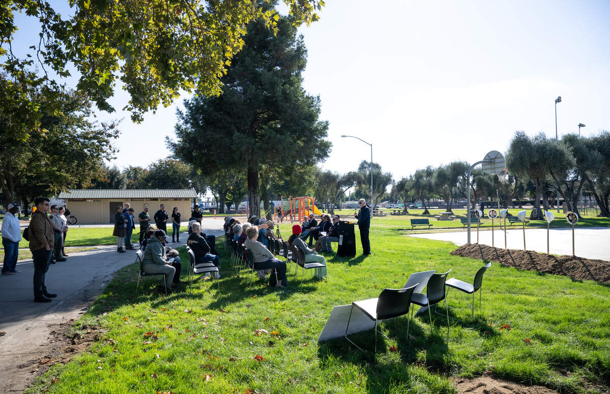 Perfecto Muñoz, chief executive officer of the West Modesto Community Collaborative, speaks during a groundbreaking ceremony for major renovations at Dr. Martin Luther King Jr. Park in Modesto, Thursday, Oct. 16, 2025. 