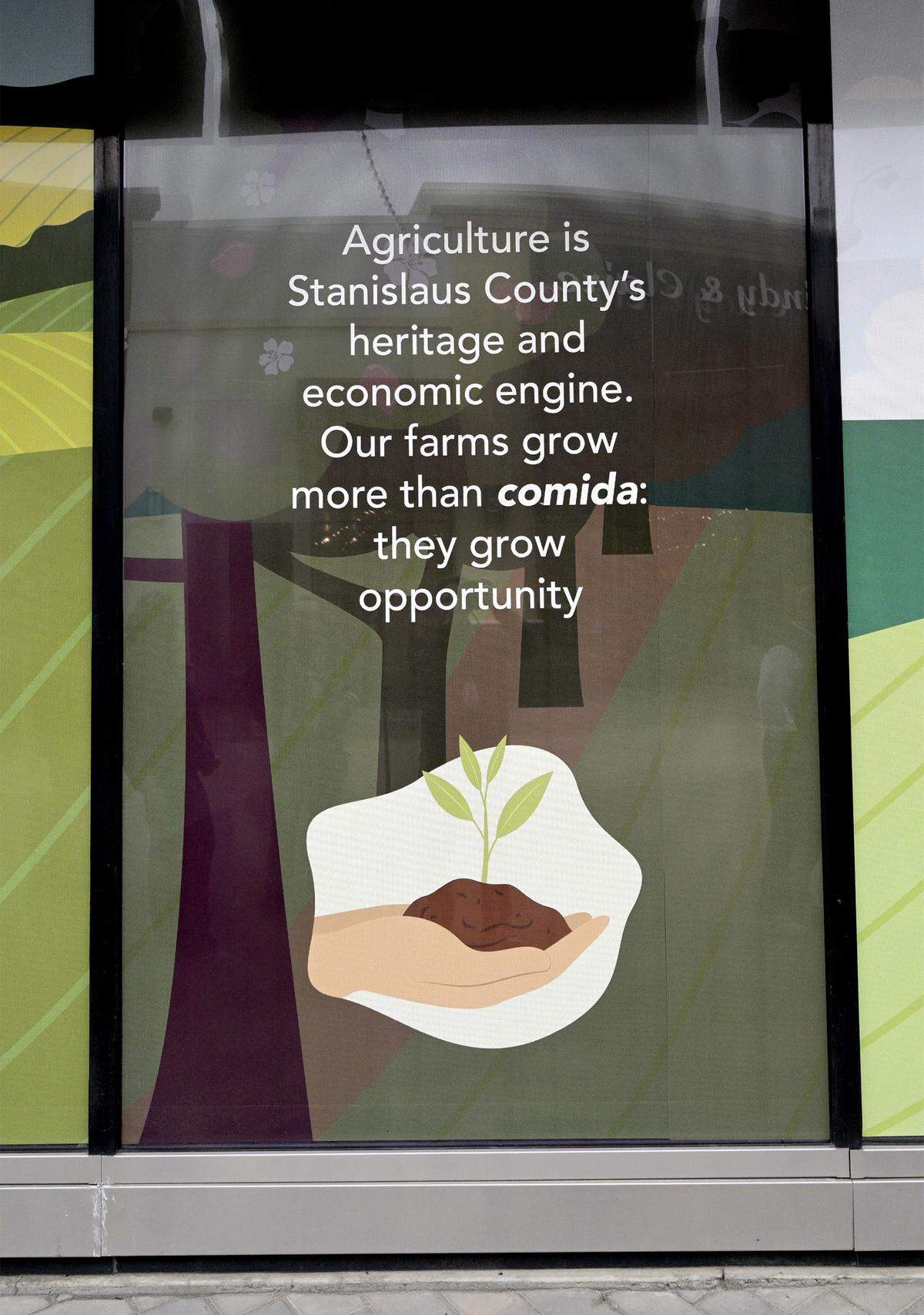 Detail of a mural honoring the local agriculture industry at Vintage Faire Mall in Modesto. 