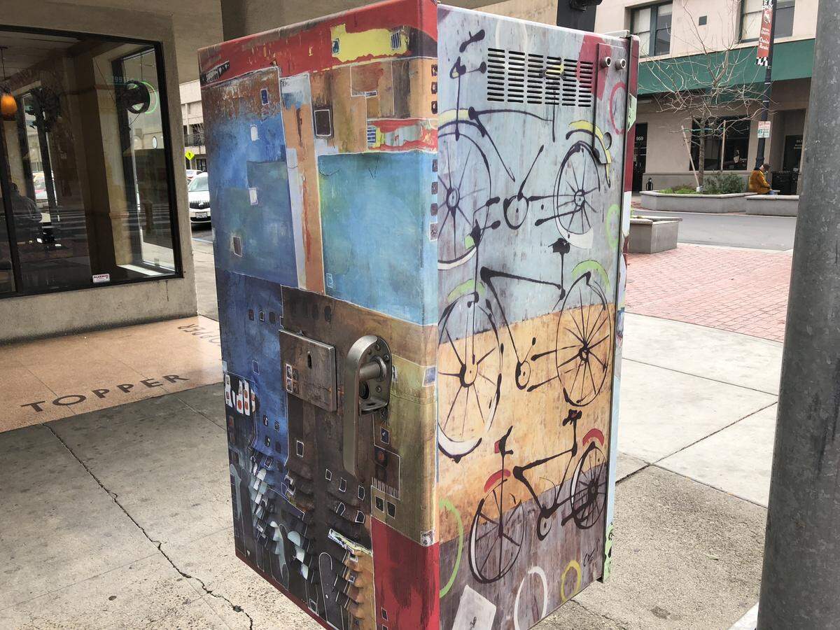 One of the painted utility boxes in downtown Modesto