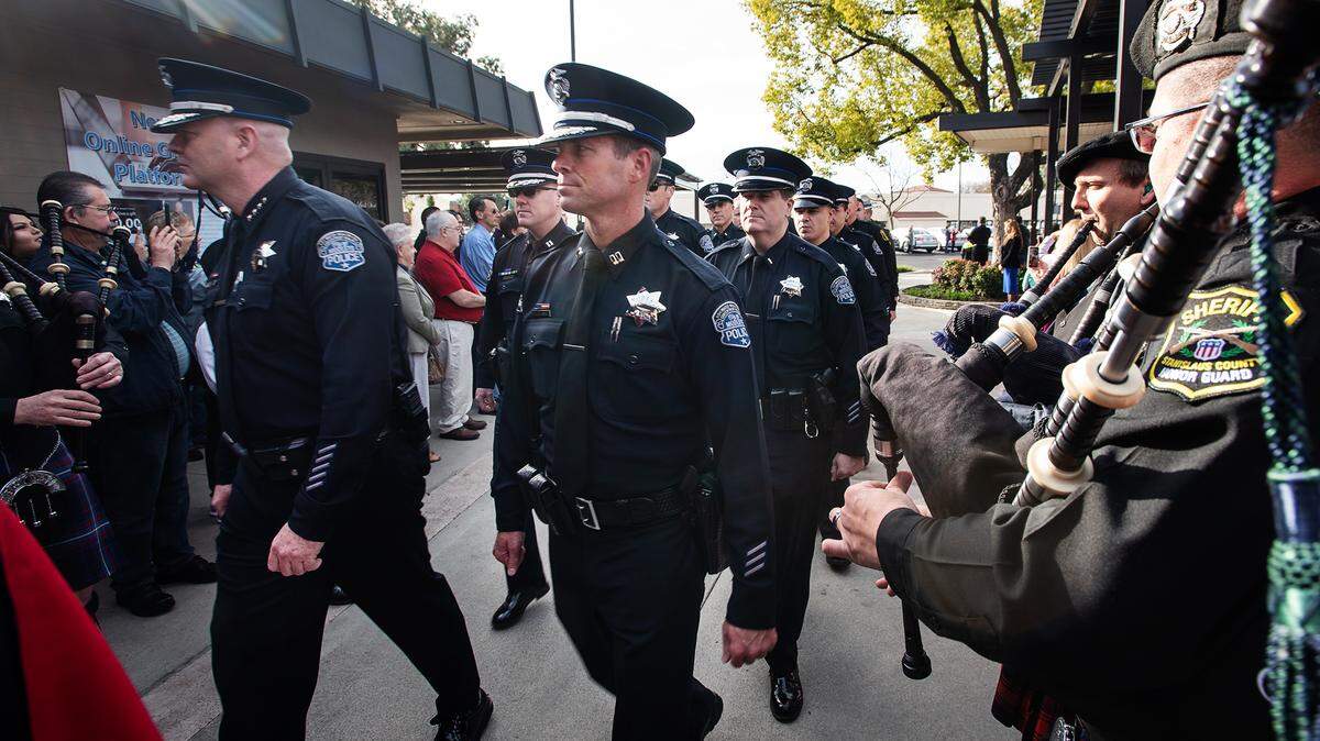 Former Modesto Police Chief Galen Carroll, left, and current interim Chief Brandon Gillespie, in 2019.