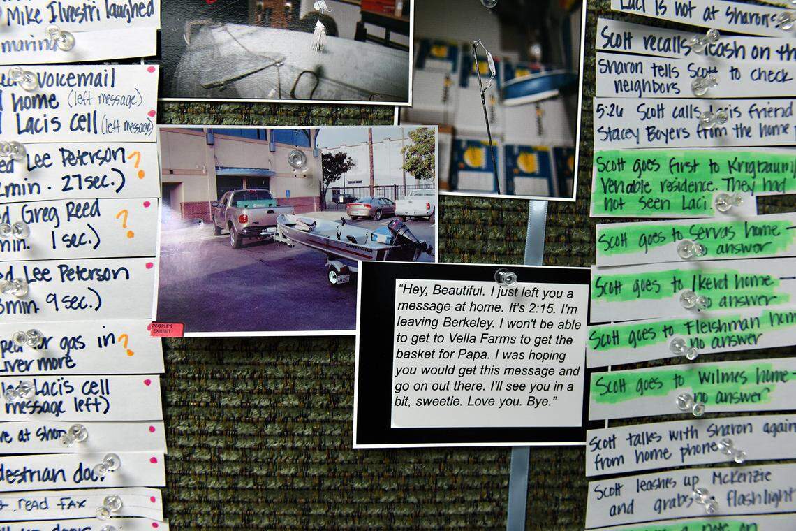 A timeline and photos are are pictured Thursday July 26, 2018 in a room in an office at Janey Peterson’s family business in Poway, Calif. The room holds trial transcripts, maps, pictures and timelines to support her argument that Scott Peterson is innocent in the murders of his wife Laci and their unborn son Conner.