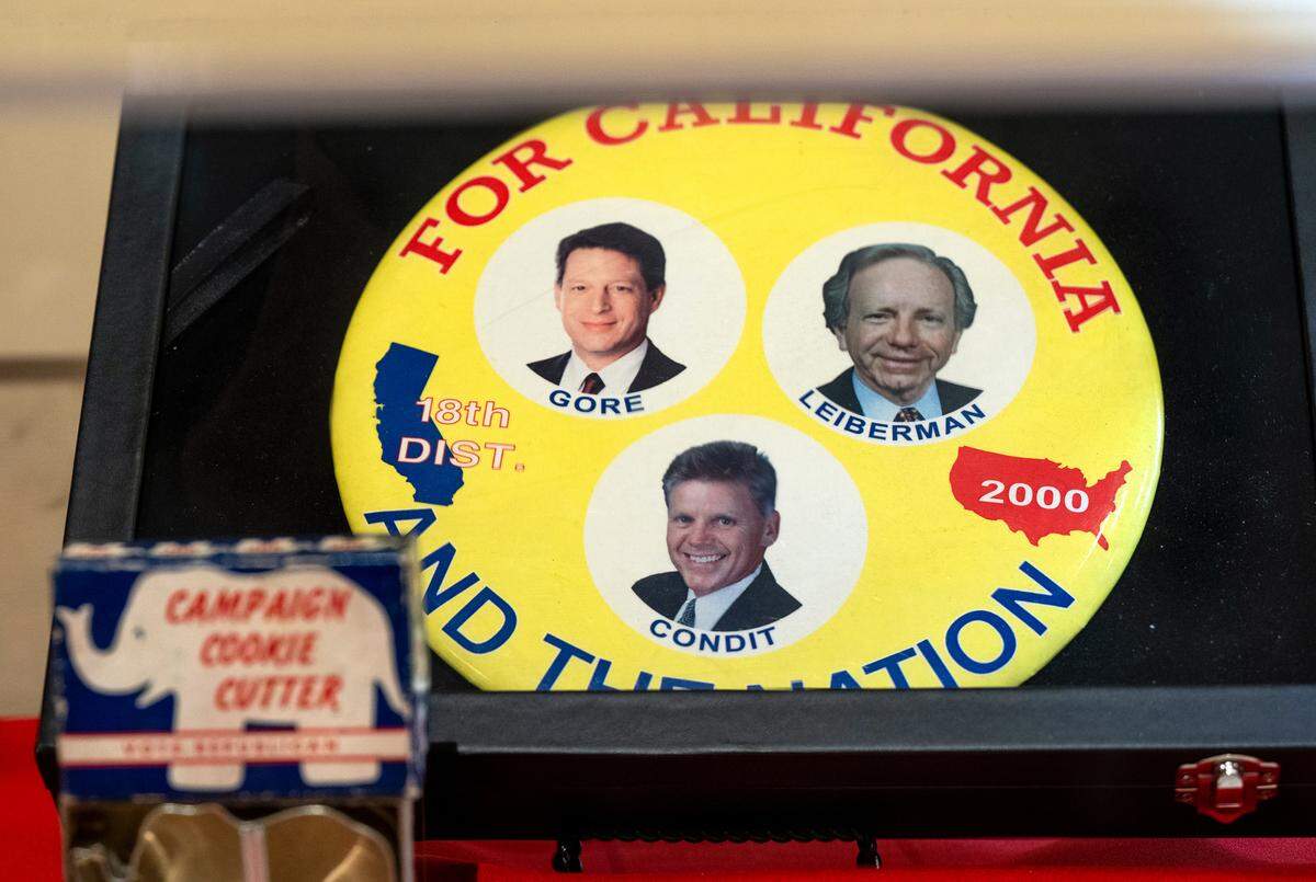 Campaign button from the 2000 election in the ‘California Votes: Exercise Your Right!’ exhibit at the McHenry Museum in Modesto, Calif., Friday, Sept. 27, 2024.