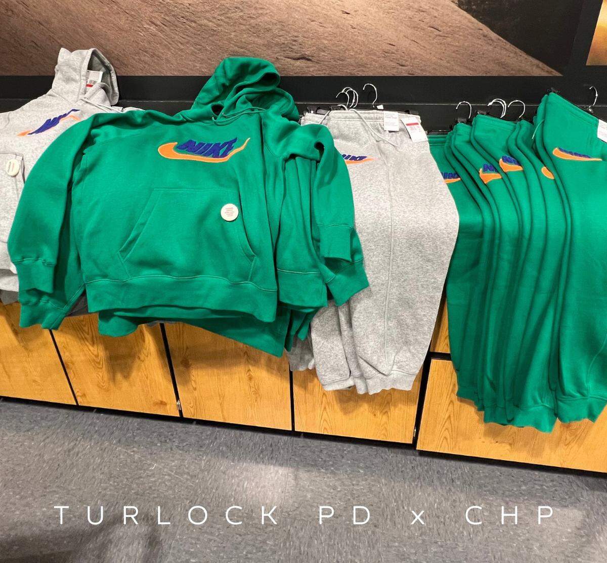 Nike sweat shirts and pants were among the alleged stolen goods seized by police in Turlock CA on Feb. 1, 2024.