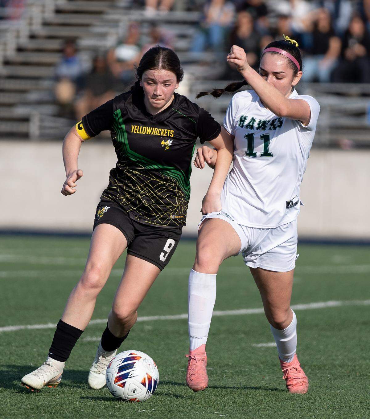Hilmar’s Brisa Gonzales dribbles the ball away from a defender during the Sac-Joaquin Section Division 5 championship against Liberty Ranch on Saturday, Feb. 22, 2025 at Cosumnes River College.