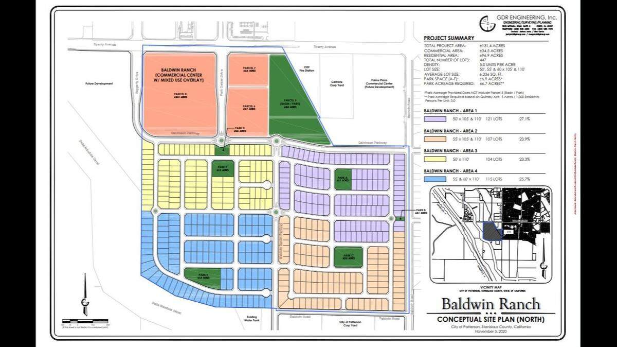This map shows the site plan for the proposed Baldwin Ranch North Project in Patterson, Calif. located between Sperry Avenue, Baldwin Road and the Delta Mendota Canal. The site is located within the West Patterson Industrial Business Park.