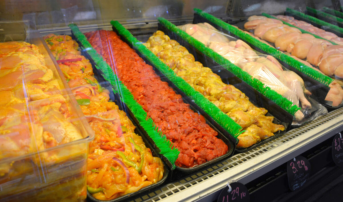 Cuts of chicken on display at the new Chuck’s Butcher Shop in Hughson, Calif.