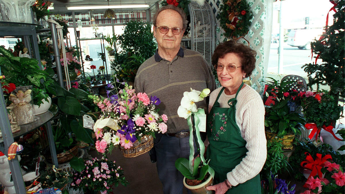 Howard and Wilma Downing inside their flower shop at corner of McHenry & Roseburg in 2001.