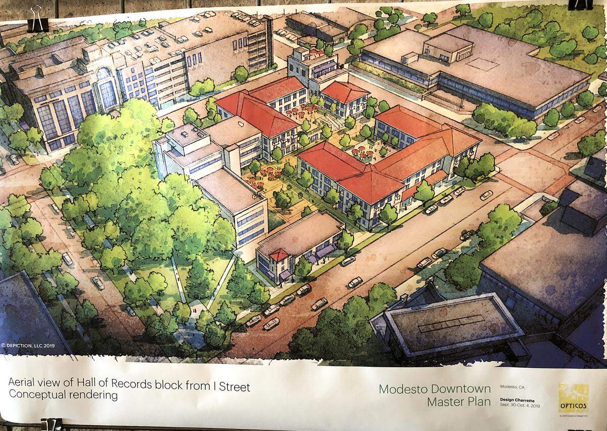 An artist rendering shows how the Stanislaus County Courthouse and jail could be transformed into apartments. It was among the ideas presented at a Friday, Oct. 4, 2019, meeting on the downtown master plan being drafted for Modesto, Calif.