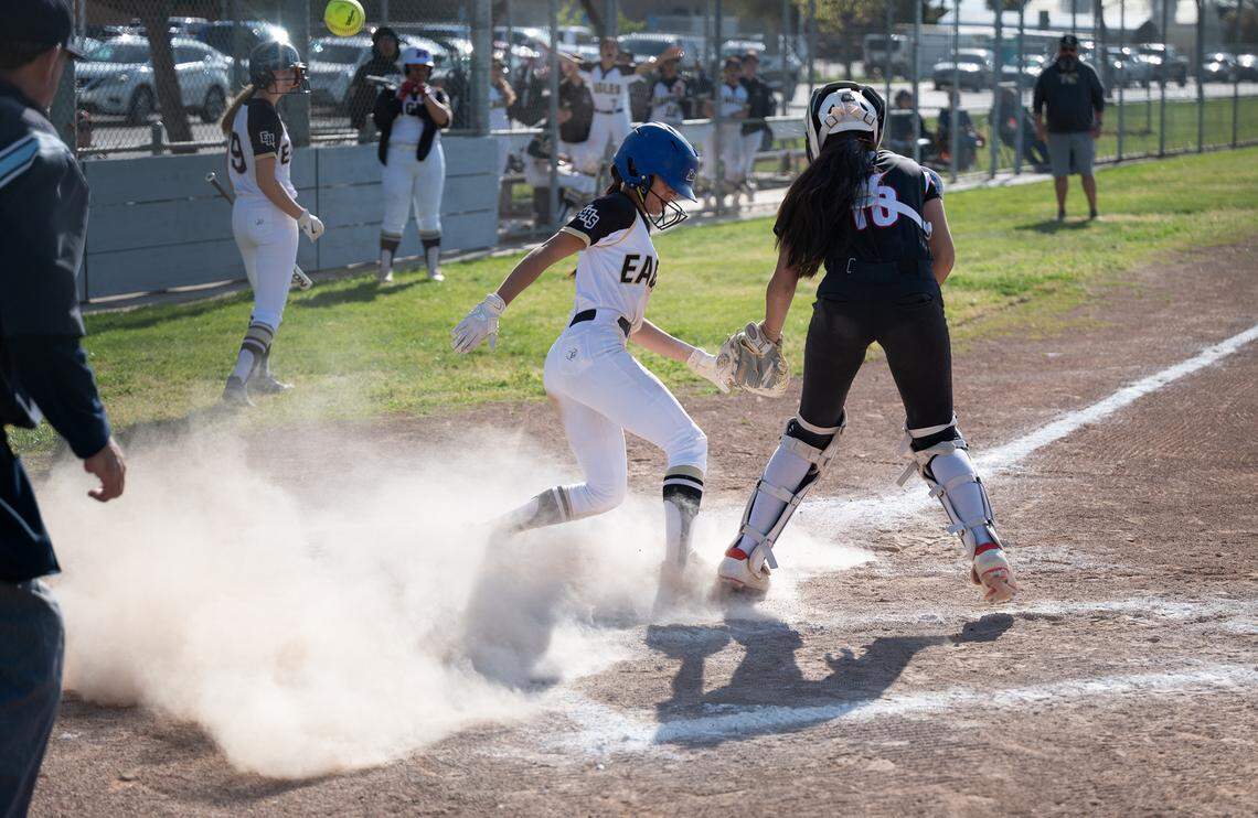Enochs’ Alaina Calvo steals home for a run during the Central California Athletic League game with Modesto in Modesto, Calif., Tuesday, April 18, 2023.