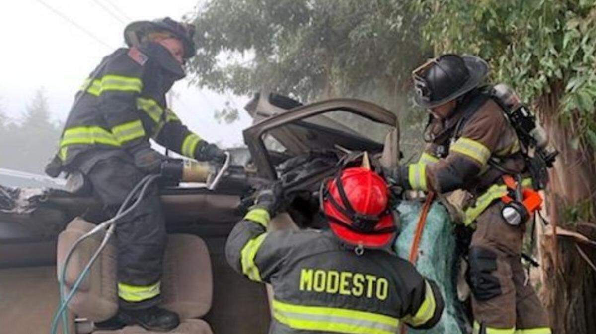 Two people suffered major injuries in a crash on Stearns Road east of Oakdale on Tuesday morning, Dec. 10, 2019, according to the Modesto Fire Department. It took 45 minutes to extricate one person who was pinned in.
