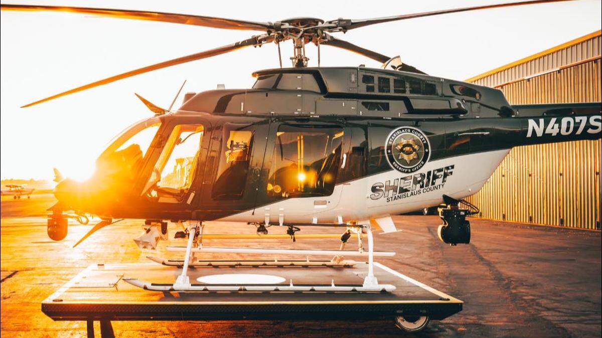 A Stanislaus County Sheriff’s Office helicopter that was flown to about 250 feet by its pilot to waive to children on March 29, 2026. 