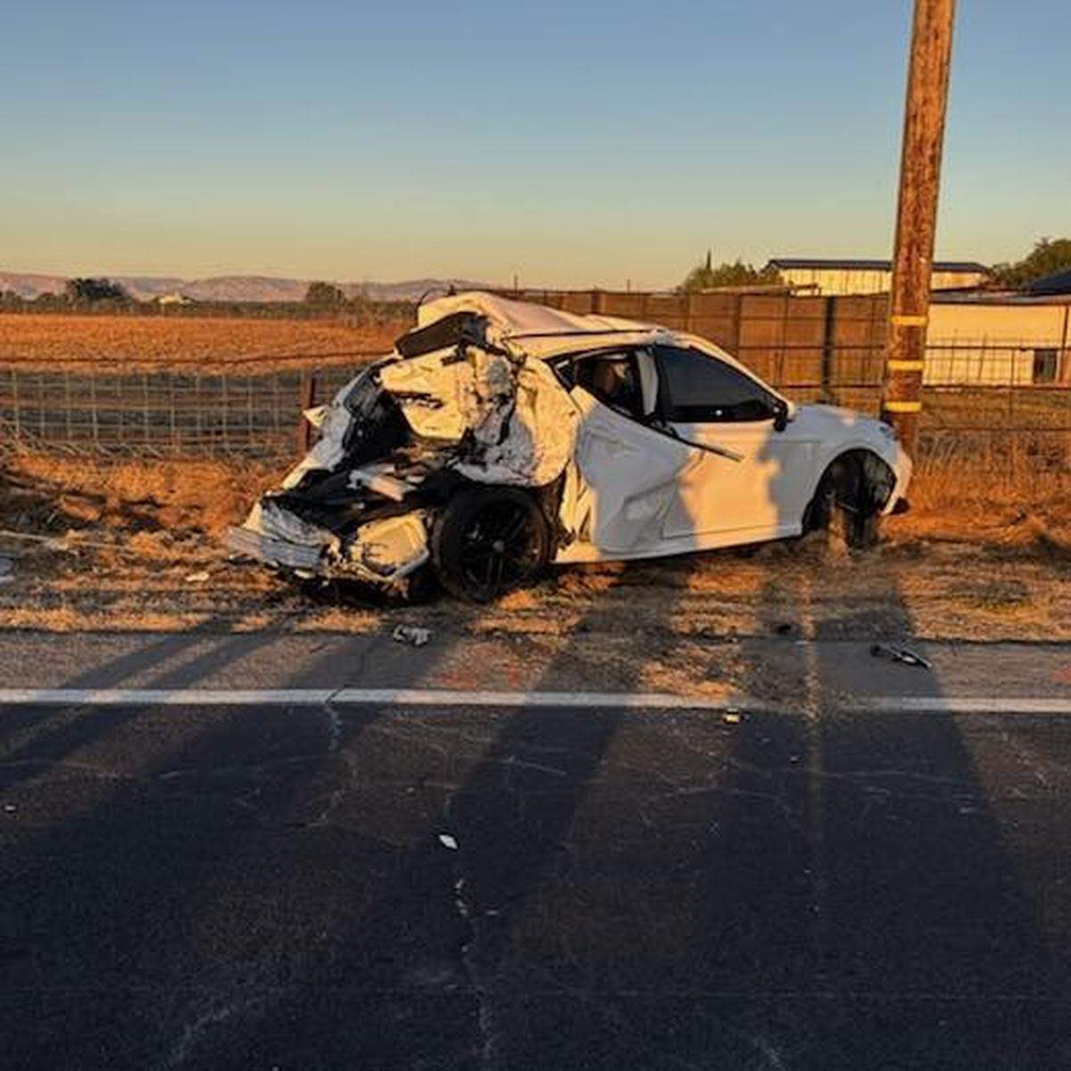 Destruction of a Honda sedan after a big-rig collided with it and a school bus near Turlock, CA on Tuesday, Oct. 15, 2024.