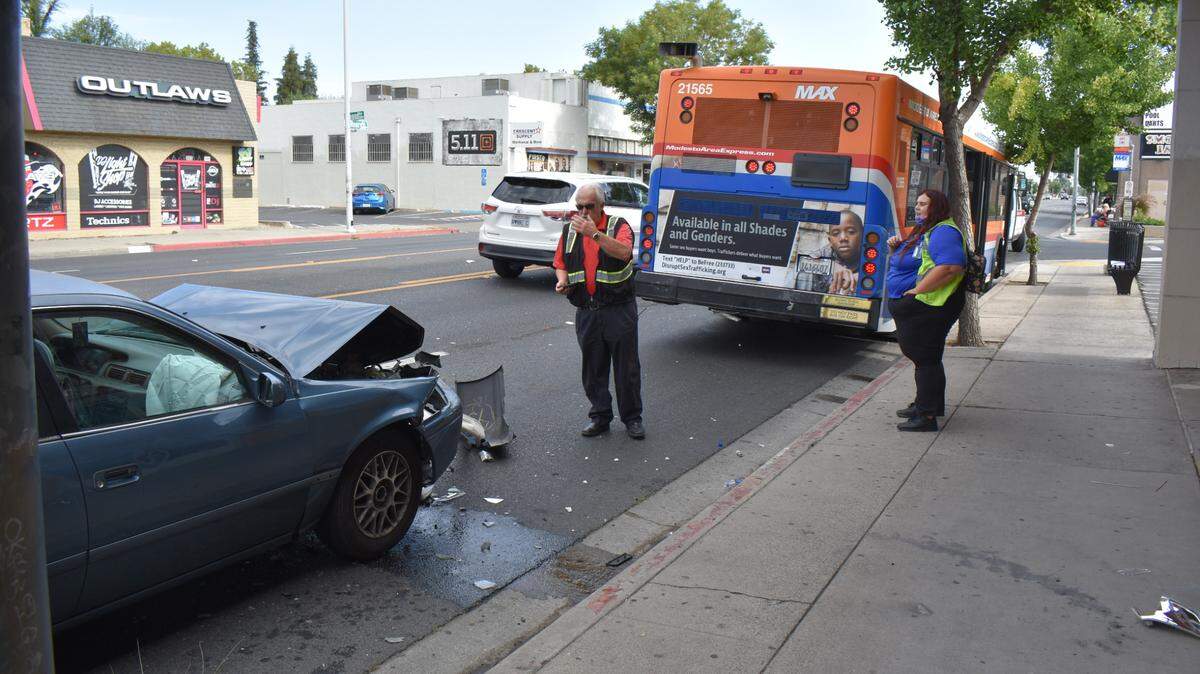 The driver of this Toyota Camry and a passenger on the Modesto Area Express bus complained of pain and were taken by ambulances to Doctors Medical Center after a collision on McHenry Avenue on Monday morning, July 19, 2021.
