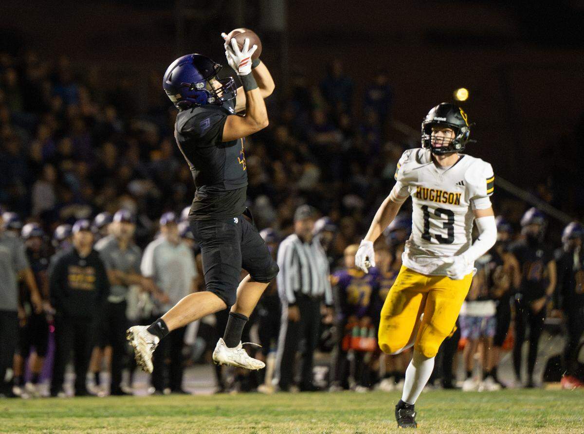 Escalon’s Dylan Ball intercepts a pass during the Trans-Valley League game with Hughson at Escalon High School in Escalon, Friday, Oct. 3, 2025.