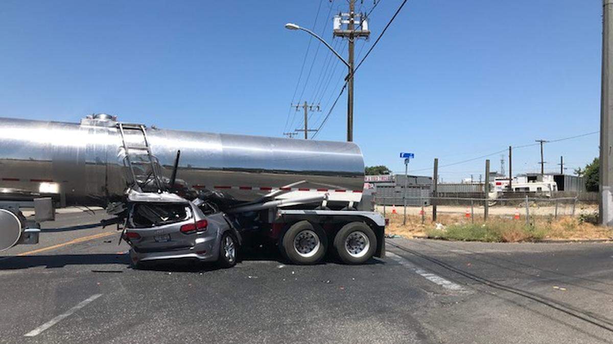 A badly injured man remained hospitalized and not positively identified Thursday morning after crashing into a milk tanker on Lander Avenue in Turlock on Wednesday morning, July 29, 2020.