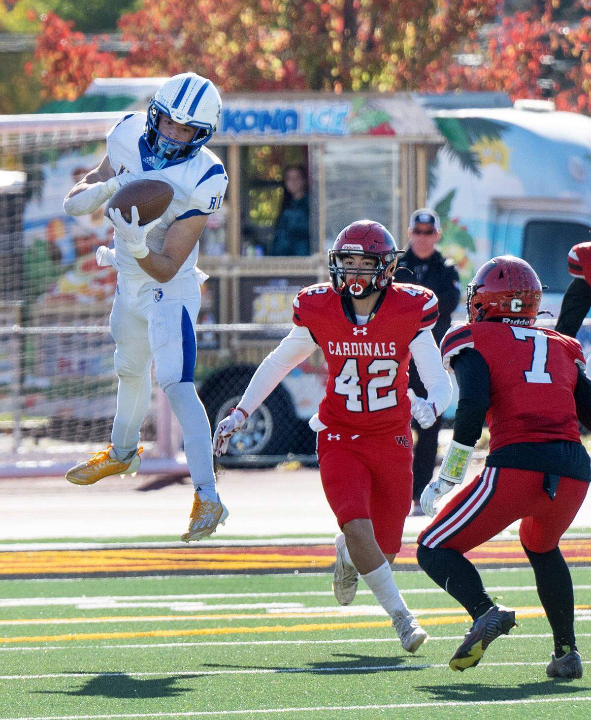 Ripon Chrisitian’s Brady Grondz makes a catch during the Sac-Joaquin Section Division VII NorCal Qualifier with Woodland Christian at Sacramento City College in Sacramento, Calif., Saturday, Nov. 25, 2023.