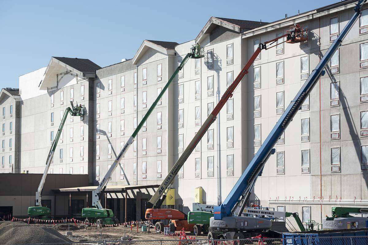 Great Wolf Lodge in Manteca, Calif., on Thursday, Feb. 6, 2020. The imposing new water park resort being built just off Highway 120 has finished erecting its exterior shell, and work on cladding the facades has begun. When finished the resort will include a six-story 500-room hotel, 45,000-square-foot family entertainment center and 95,000-square-foot indoor water park.